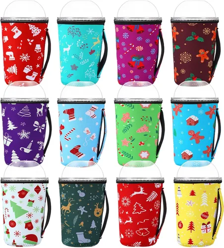 Vista 12 de Boao 12 fundas para vaso de neopreno reutilizables con asa, funda aislada para taza para café helado, bebida fría, anticondensación, sin sudor