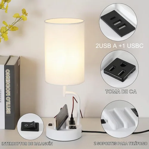 Vista 2 de Dreamholder - 2 lámparas de mesa con 3 puertos de carga USB, moderna lámpara de escritorio con toma de corriente alterna y soportes para teléfono