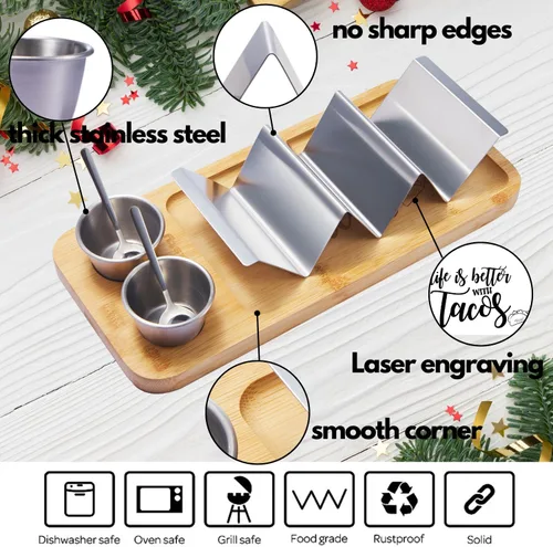Vista 3 de Kit de Soportes para Tacos, Set 3-en-1 - Soporte para Concha de Taco + Bandeja de Servicio + Taza para Salsa, Plato de Presentación para Tacos