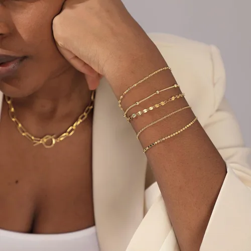 Vista 3 de LEXODY Pulseras de oro para mujer, juego de pulseras de espiga de oro de 14 quilates, delicadas joyas de espiga apilables, cadena fígaro, cadena