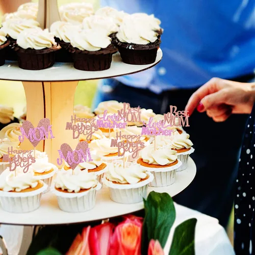 Vista 5 de Ercaido - Paquete de 48 adornos para cupcakes para el Día de la Madre con purpurina de oro rosa con purpurina para el Día de la Madre para la mejor