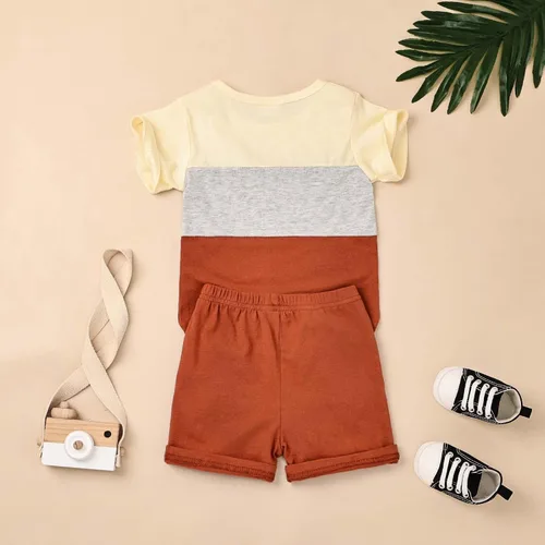 Vista 3 de Ropa para bebé niño pequeño, trajes de verano de manga corta, camiseta de retazos y pantalón con bolsillo, conjunto de 2 piezas, 12 meses a 4 años