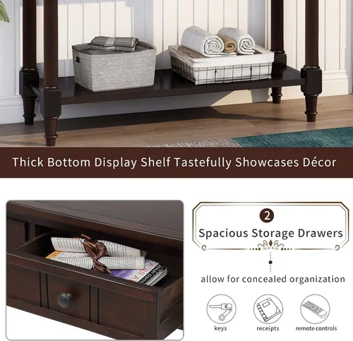 Vista 3 de Merax Mesa de sofá de madera maciza con 2 cajones de almacenamiento y estante inferior, mesa de consola para sala de estar, pasillo, espresso