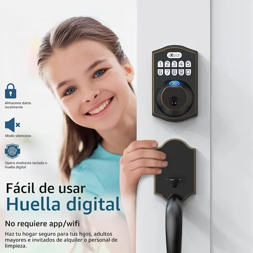 Vista 2 de IXTECH Juego de cerradura de puerta de huellas dactilares, cerrojo de cerradura de puerta de entrada sin llave con mango y 2 llaves, bloqueo Bronce