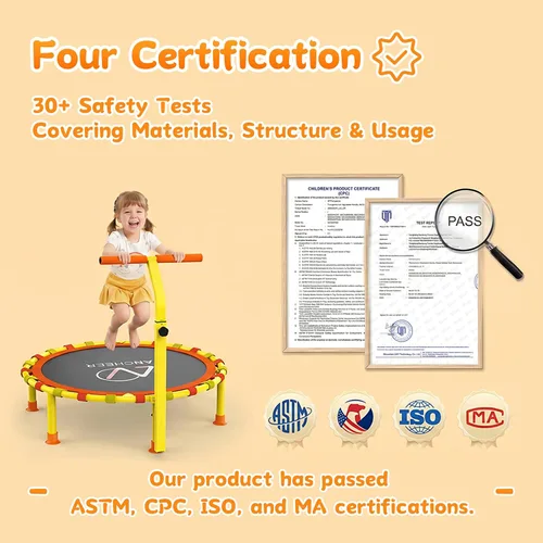 Vista 2 de ANCHEER Trampolín infantil de 38 pulgadas, mini trampolín de capacidad de 150 libras para niños de 1 a 6 años, mango ajustable, plegable y fácil