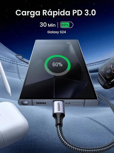 Vista 3 de UGREEN Cable USB C a USB C de 3.3 pies, 60 W, paquete de 2 cables USB C de nailon trenzado tipo C para iPhone 17/16, Galaxy S25/S24/S23, Pixel 10/9