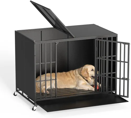 Vista 13 de LEMBERI - Jaula para perro indestructible y resistente de 48/38 pulgadas, a prueba de escapes con ruedas bloqueables, doble puerta para evitar