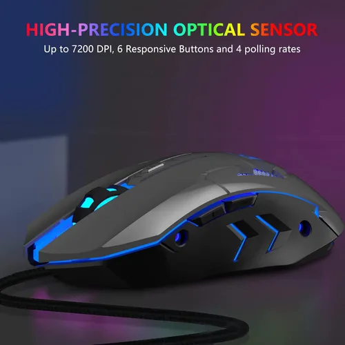 Vista 6 de FUWANG Ratón para juegos con cable, mouse USB para computadora con retroiluminación RGB, sensor óptico de 7200 DPI, mouse ergonómico para gamer