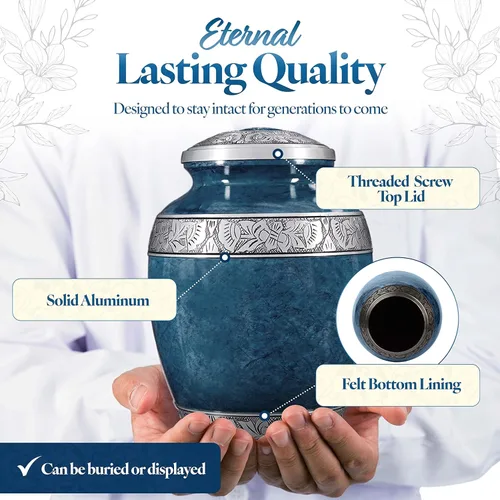 Vista 3 de GSM Brands Urna de cremación para cenizas humanas adultas, gran conmemoración funeraria hecha a mano con llamativo diseño azul