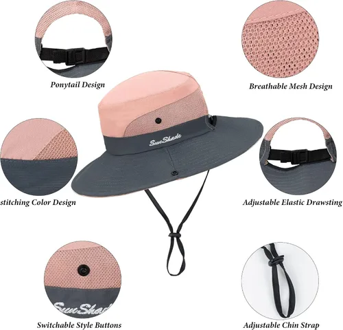 Vista 15 de Sombrero de pesca de playa de ala ancha para mujer, con protección UV, plegable, con agujero para cola de caballo