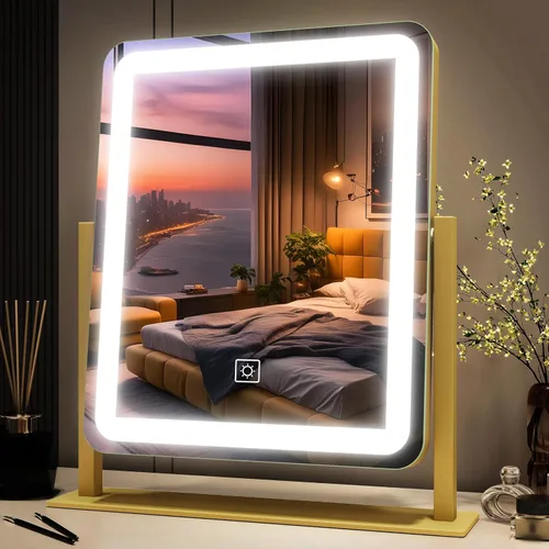 Vista 28 de FENNIO - Espejo de tocador con luces, espejo de maquillaje iluminado LED, pantalla táctil con 3 modos de iluminación, regulable, para mesa