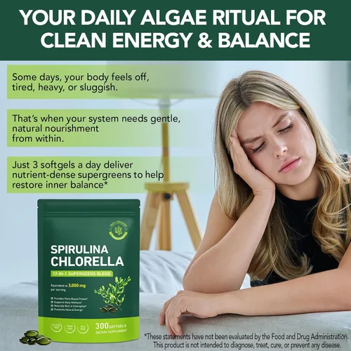 Vista 7 de Cápsulas de Clorella de Espirulina Orgánica,Suplemento sin OMG y sin gluten,300 cápsulas blandas