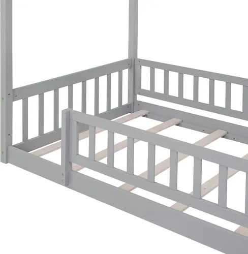Vista 9 de Cama con dosel con valla, moderna cama de plataforma de madera maciza con cabecera y soporte de listones, moderna cama con paneles de 4 carteles Gris
