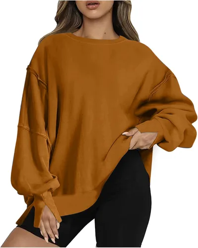 Vista 7 de Ceboyel Sudadera de gran tamaño para mujer 2023, color sólido, cuello redondo, suéter con abertura lateral, cómodo ropa de moda de otoño