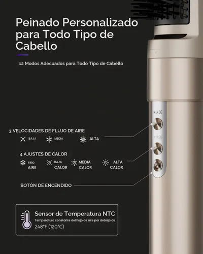 Vista 8 de 7MAGIC Cepillo secador de pelo 6 en 1, estilizador de aire caliente con Dorado claro