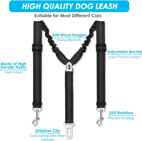 Vista 3 de SlowTon Cinturón de seguridad para perro, cinturón de seguridad doble para perro, correa de seguridad ajustable para vehículo con amortiguador