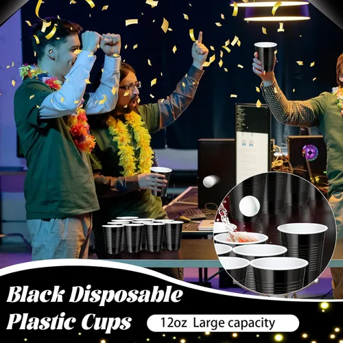 Vista 3 de Paquete de 100 vasos desechables de plástico negro de 12 onzas, vasos resistentes para beber para degustación de cerveza servir aperitivos