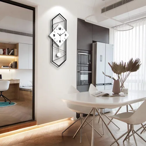 Vista 3 de Reloj de pared moderno de péndulo con movimiento silencioso, metal y madera maciza, reloj de pared para decoración de sala de estar, dormitorio
