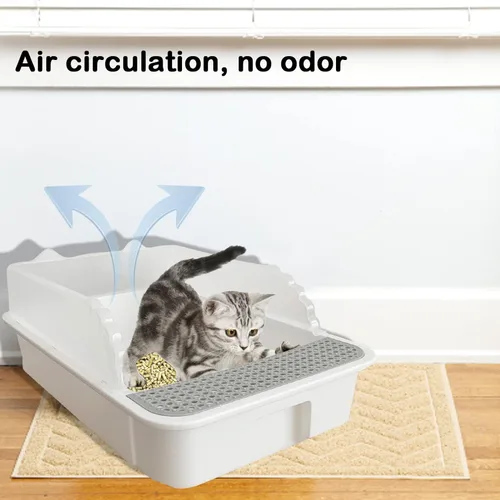Vista 2 de Caja de arena abierta para gatos con lado alto, bandeja antisalpicaduras para gatos, inodoro para gatitos con cuchara, arena extraíble semicerrada