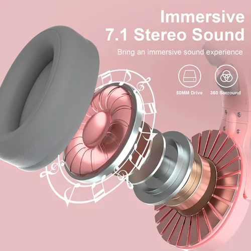 Vista 4 de PHOINIKAS Auriculares inalámbricos para juegos con bonitas orejas de gato con cable para PS5 PS4 PC Nintendo Switch Q9 sobre la oreja con micrófono