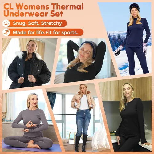 Vista 5 de CL - Ropa interior térmica para mujer, pantalones largos con forro polar, conjunto de ropa interior larga y suave, pijama de capa base cálida
