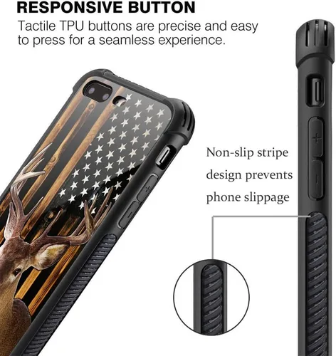 Vista 3 de Funda compatible con iPhone 8, a prueba de golpes, antiarañazos, bandera de ciervos de cola blanca de grano de madera estadounidense