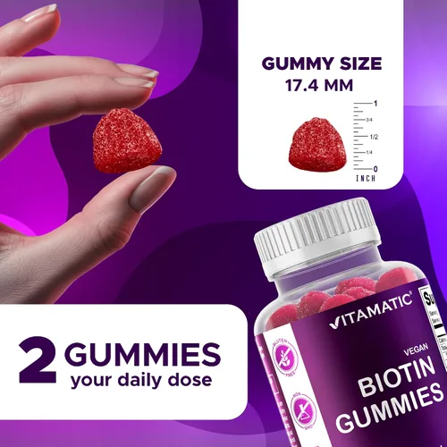 Vista 4 de Vitamatic Gomitas de biotina 10,000 mcg, 60 gomitas veganas, sabor a