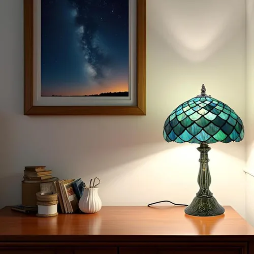 Vista 5 de Tiffany Style Stained Glass Table Lamp 18.5 Inch - Blue Fish Scales 12X12X18.5 Inch, E26 Bulb Base，Pull Chain Switch, Ceramic Base, Bedside