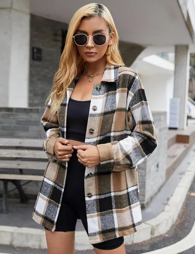 Vista 6 de Yeokou - Chaqueta de franela a cuadros con botones para mujer, para el otoño, bloque