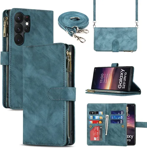 Vista 30 de Cavor Funda tipo cartera cruzada para Samsung Galaxy S22 Plus, color negro Funda de cuero con cierre magnético con cremallera y función atril TPU