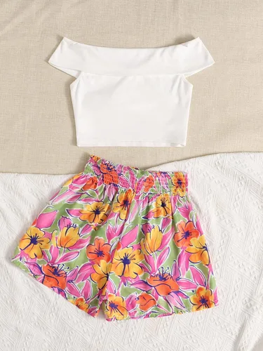 Vista 2 de SOLY HUX Conjunto de dos piezas para niña con hombros descubiertos, manga corta, camiseta corta y pantalones cortos florales