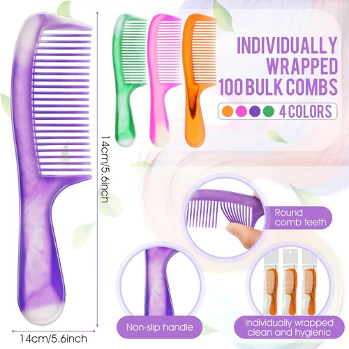 Vista 2 de Nuogo 100 peines coloridos para el cabello a granel para personas sin hogar, desechables, envueltos individualmente, suministros para cuidado