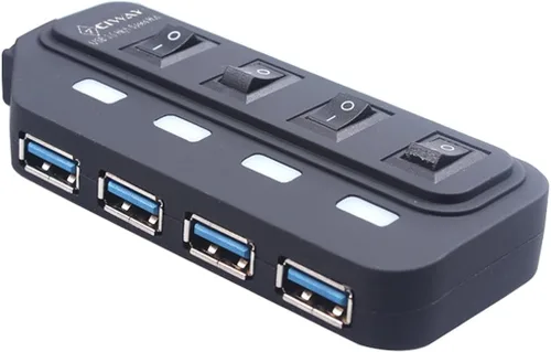 Vista 2 de ciway 4-Port USB 3.0 Hub con adaptador de alimentación y interruptores independientes Indicador LED luz (Negro)