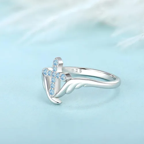 Vista 5 de STARCHENIE Anillo de cruz de plata de ley 925 con alas de ángel para mujer, talla 5-10