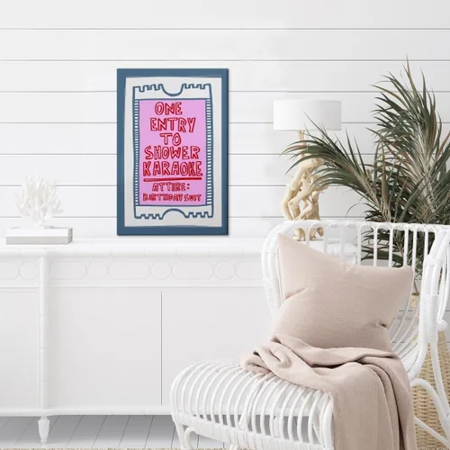 Vista 3 de Arte de pared moderno en rosa y azul con entrada a la ducha, póster de karaoke, decoración divertida para baño, señales retro para baño, decoración