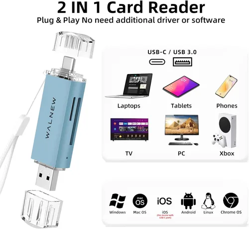 Vista 2 de Lector de tarjetas SD, WALNEW USB 3.0 y adaptador de tarjeta de memoria USB-C a SD/TF para Mac, MacBook, computadora/PC, laptop, iPad, teléfono