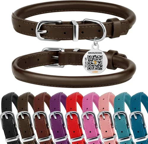Vista 11 de Collar de perro de cuero enrollado, etiqueta QR, antienredos