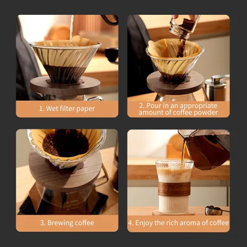 Vista 4 de Kit profesional de cafetera de vidrio para verter sobre café, cafetera en forma de V de 21.1 onzas líquidas con mango de nogal y filtros de 100 V20