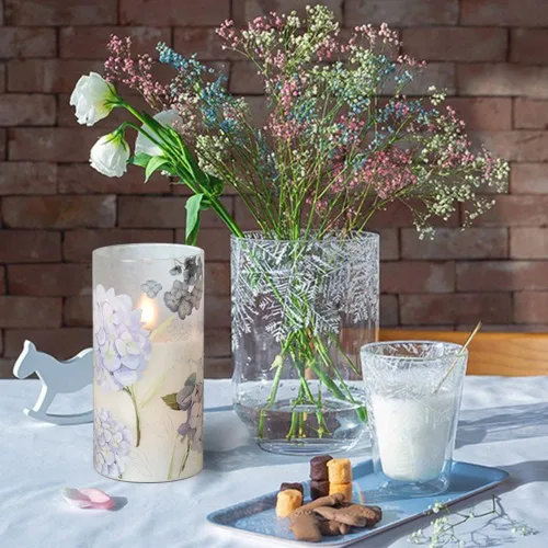 Vista 6 de Velas recargables de vidrio de hortensias sin llama con temporizador remoto, funciona con pilas, velas LED parpadeantes de cera real, decoración