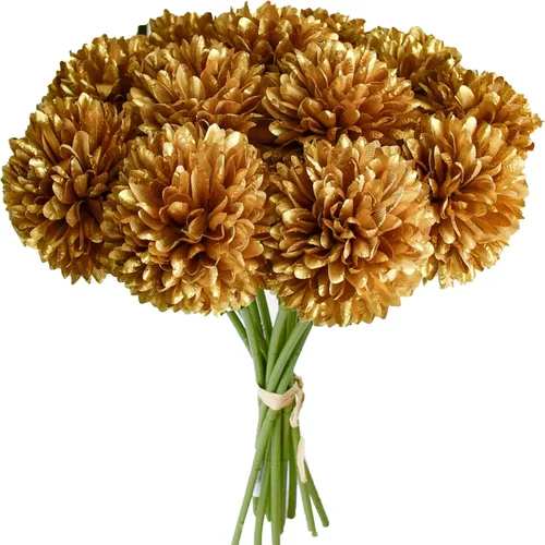 Vista 41 de Mandy's 6 tallos de seda beige Kiku flores de bola Tallos artificiales de crisantemo para decoración del hogar, verano, arreglo floral sintético