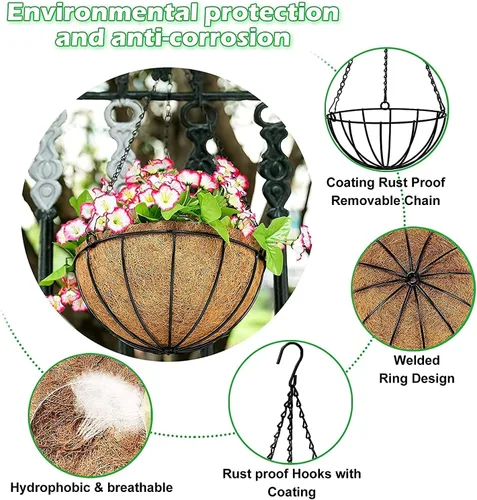 Vista 3 de GWY Cestas colgantes para macetas, 3 paquetes de 12 pulgadas, soporte de alambre de metal para plantas con forro de coco y cadena negra para colgar