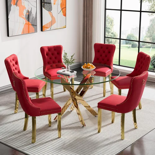 Vista 37 de Juego de mesa de comedor SSLine moderno de 3 piezas con mesa redonda de vidrio para 2, lujosa mesa de comedor circular de 36" con tapa de vidrio