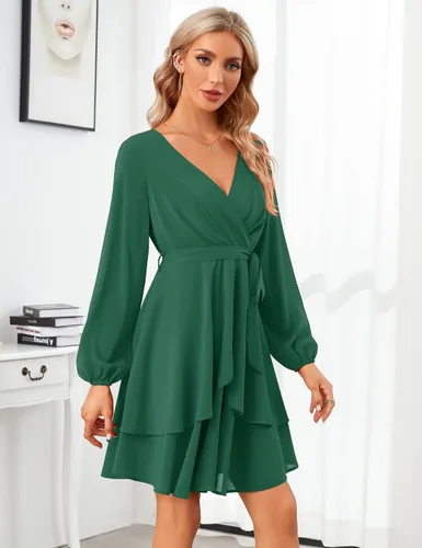 Vista 4 de KOJOOIN Vestidos de patinadora para mujer, sexy, cuello en V, manga corta, lazo en la cintura, con volantes, bohemio, con vuelo, mini vestido