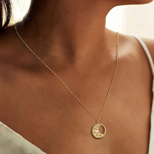 Vista 3 de Collar con colgante de luna de oro para mujer, chapado en oro de 14 quilates, cadena delicada, luna creciente, sol, estrella