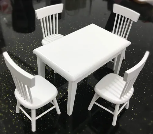 Vista 3 de Accesorios de decoración de casa de muñecas, 1:12 muebles en miniatura de madera blanca mesa de comedor silla modelo conjunto