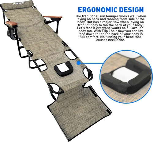 Vista 4 de EasyGo Product FLIP - Tumbona para patio, orificios para cara y brazos, 4 patas, material textileno, 6 posiciones, almohada reclinable