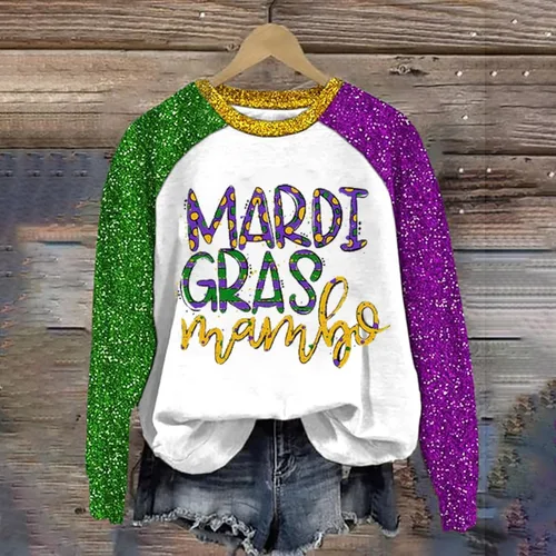 Vista 2 de Camisetas de Mardi Gras para mujer, con estampado de carnaval, cuello redondo, manga larga, camisa de moda para mujer 2024