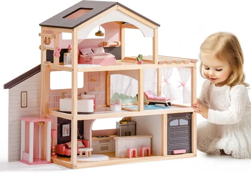 Vista 8 de ROBOTIME Casa de muñecas de madera, casa de muñecas con juego de muebles de 29 piezas, piscina y ascensor, casa de muñecas de madera para muñecas