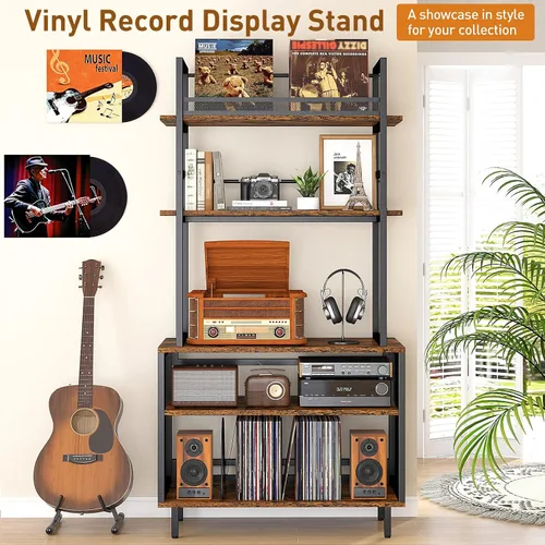 Vista 7 de ikkle Soporte grande para tocadiscos con estante de almacenamiento de vinilo, mesa de tocadiscos de 5 niveles de alto con estante de exhibición