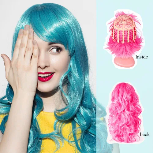 Vista 3 de DIYI Pelucas largas y coloridas, paquete de 6 pelucas onduladas para fiesta, pelucas de color rizado para mujeres, despedidas de soltera